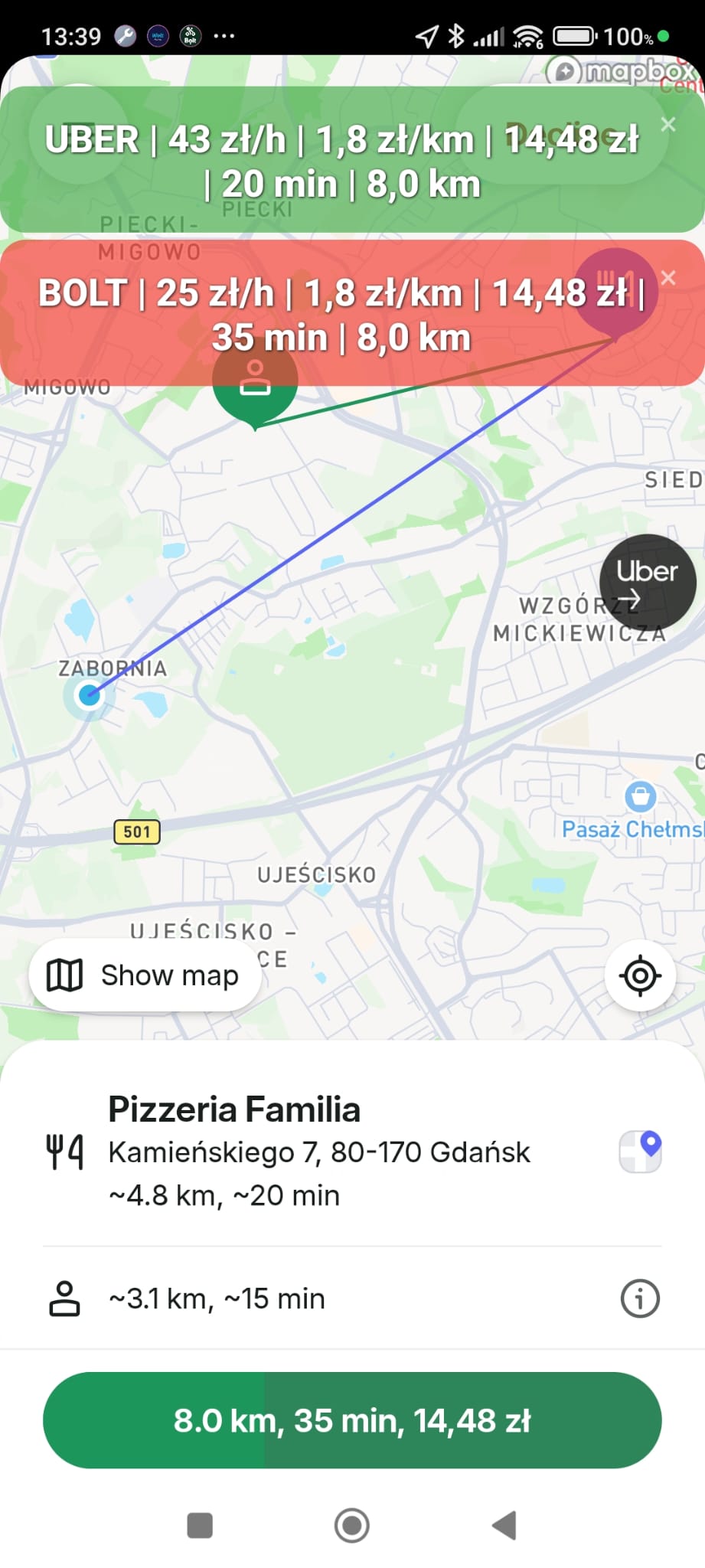 Dwa zlecenia naraz: Uber na zielono, Bolt na czerwono.