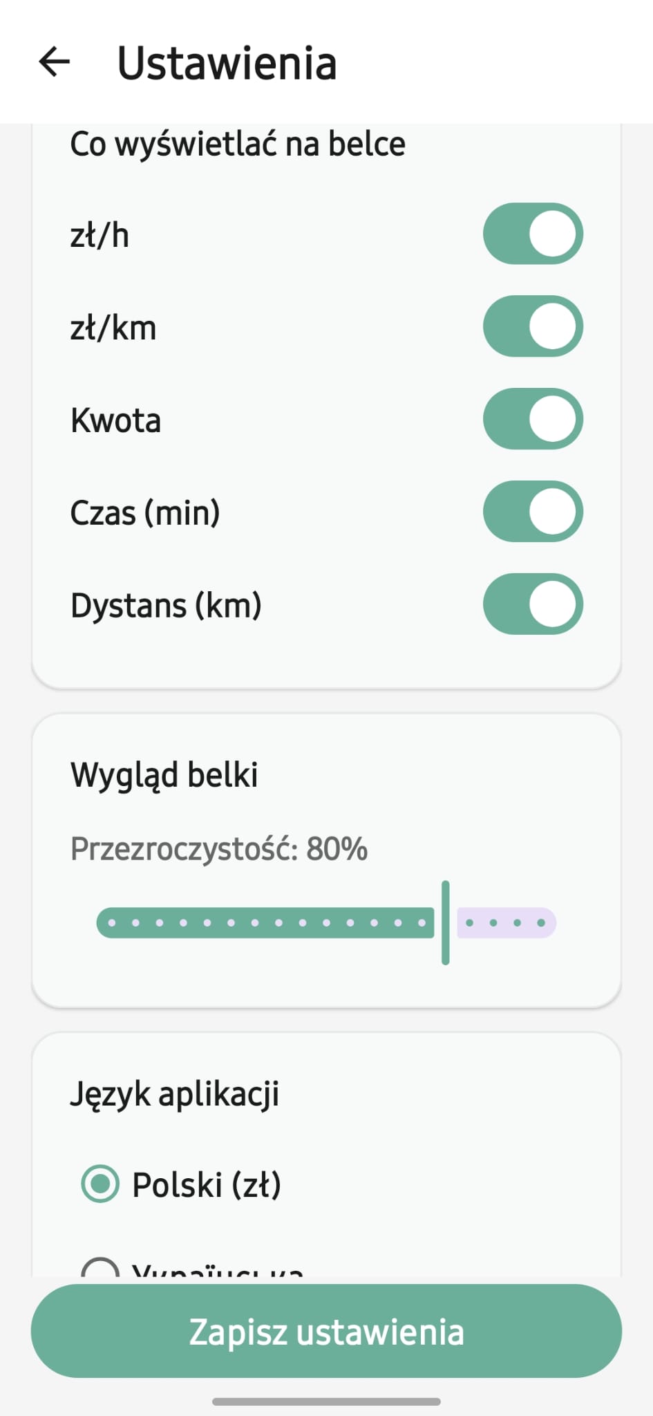 Własne progi — ustawiasz, od ilu zł/h jest „zielono”.